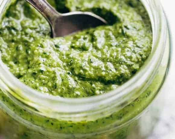 Freshly homemade basil pesto is way better than any store bought pesto, with a flavor-packed punch! All you need is 5 ingredients and a food processor!