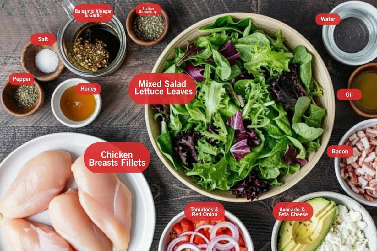 Flat lay photo of ingredient shot of salt, pepper, balsamic vinegar and garlic, Italian seasoning, mixed lettuce leaves, water, oil, bacon, avocado and feta cheese, tomato and red onion, chicken breasts fillets, honey,