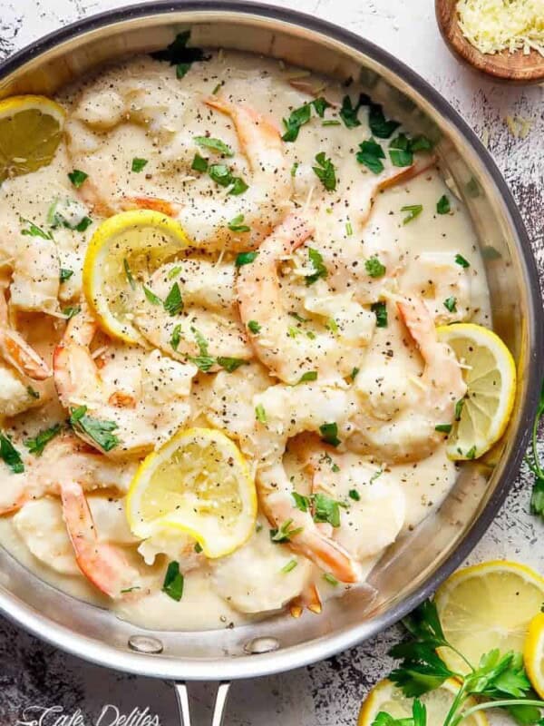 Creamy Lemon Parmesan Shrimp on a platter