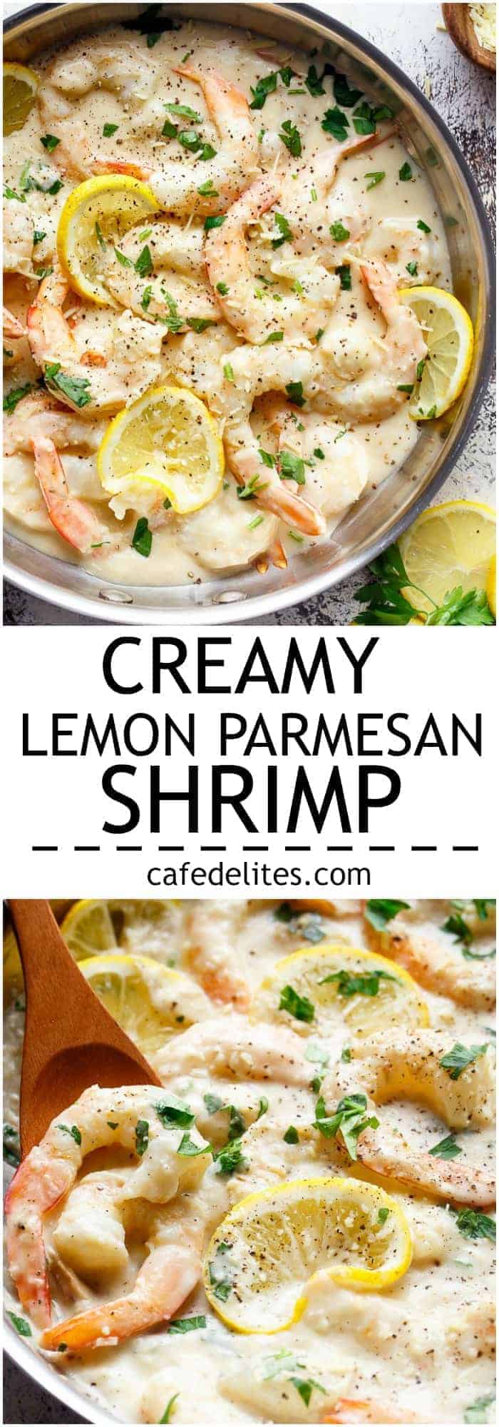 Creamy Lemon Parmesan Shrimp is a restaurant quality gourmet meal! Only minutes to make and full of lemon parmesan flavours with a good kick of garlic and NO HEAVY CREAMS as an option! Plus no dairy options! | https://cafedelites.com