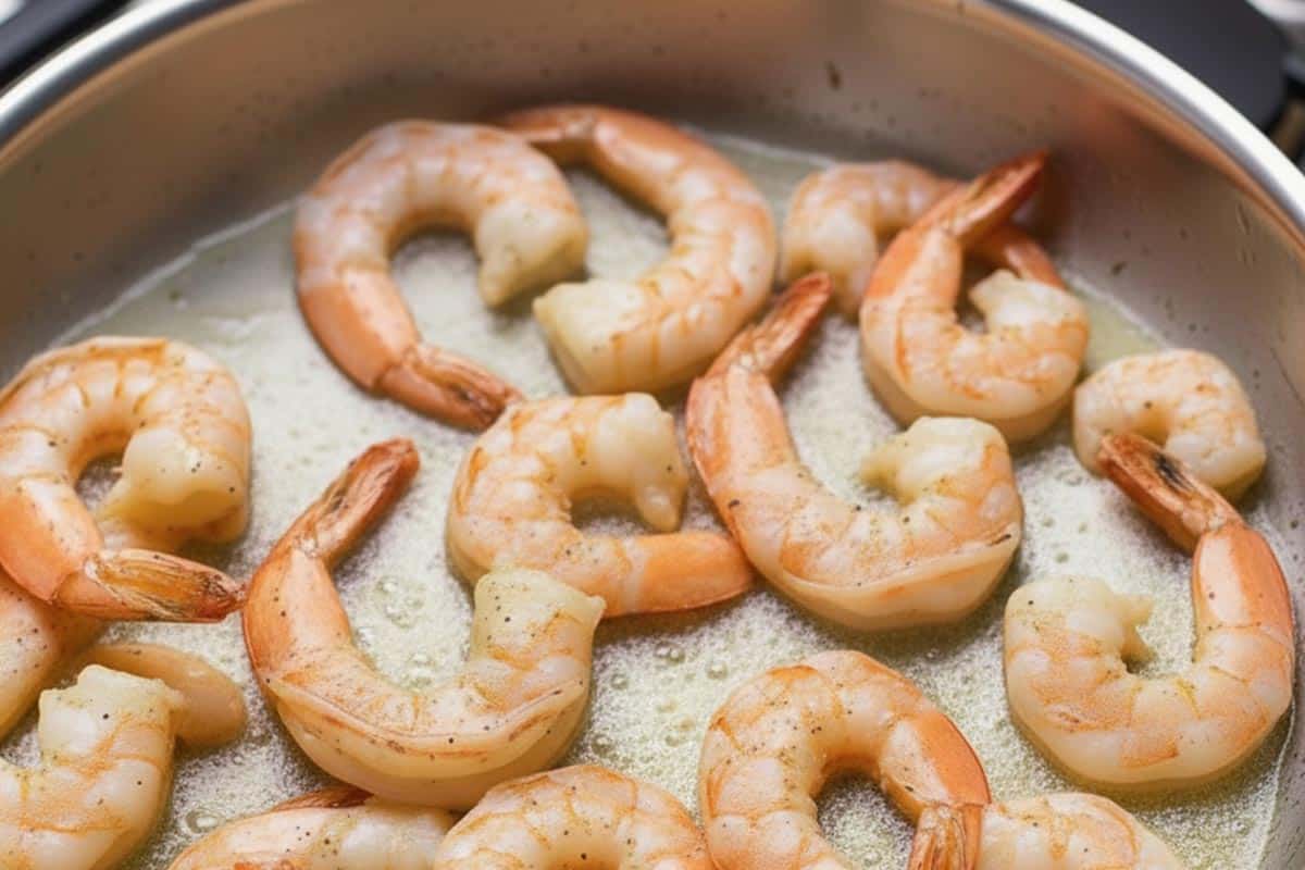 Searing the shrimp with butter in a large skillet.