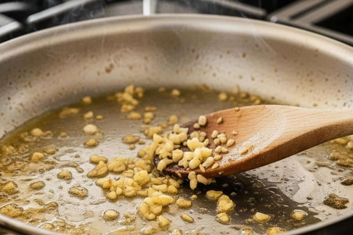 Sautéing the garlic in the pan.