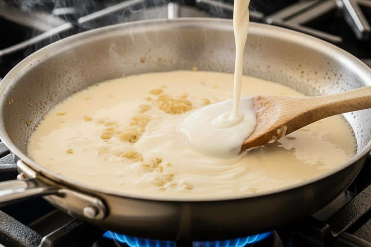Pouring in the milk.