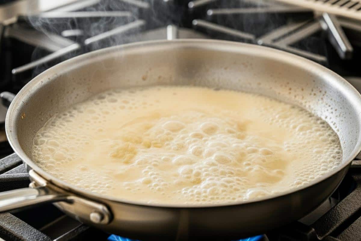 Bringing the sauce to a gentle boil.
