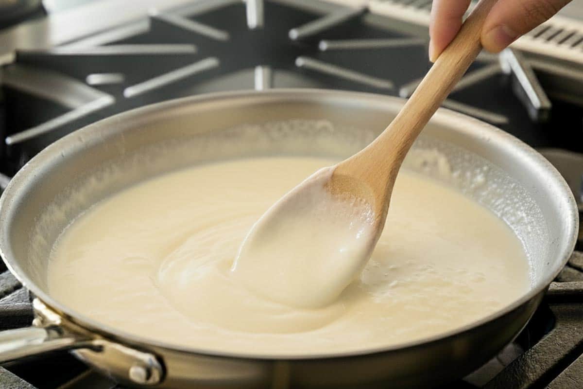 Stirring the thickened sauce with a wooden spoon in a pan.