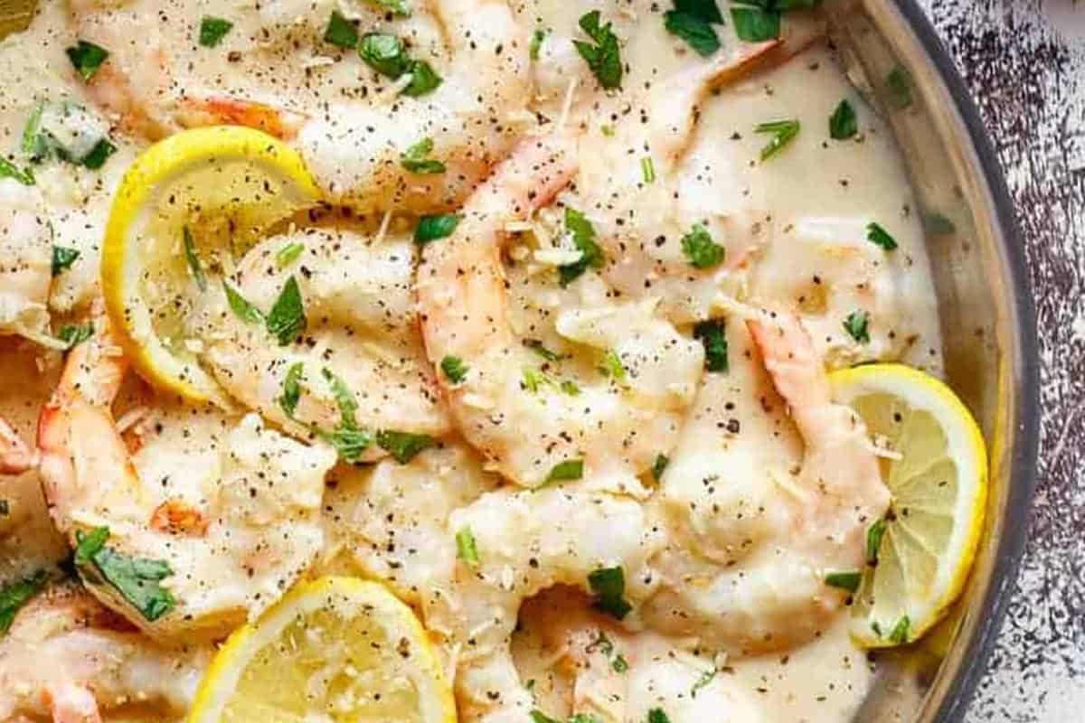 Close-up shot of Creamy Lemon Parmesan Shrimp.