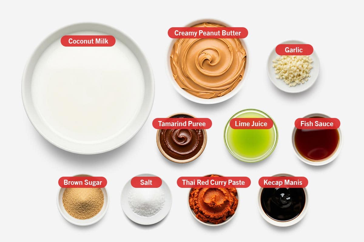 Top shot of ingredients: Coconut milk, creamy peanut butter, garlic, tamarind puree, lime juice, fish sauce, brown sugar, salt, Thai red curry paste, and Kecap Manis.