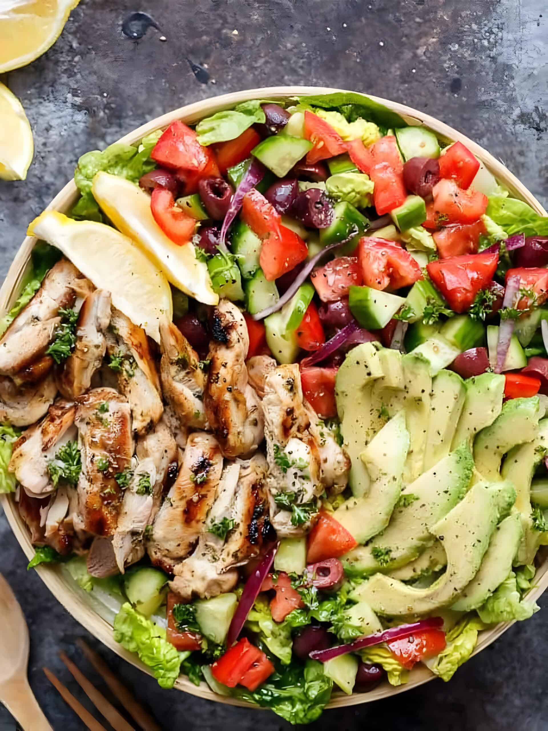 Grilled Lemon Herb Mediterranean Chicken Salad in a plater