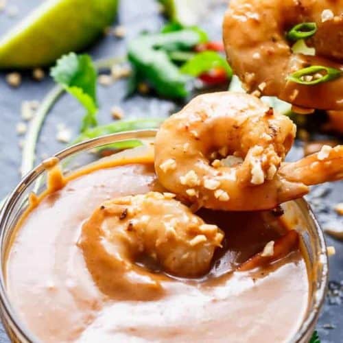 Grilled Satay Shrimp Skewers with Thai-style peanut sauce