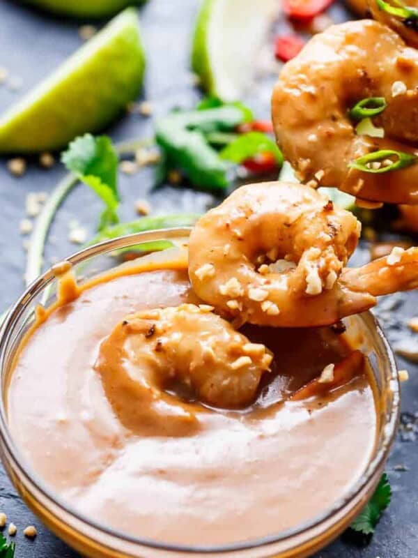 Grilled Satay Shrimp Skewers with Thai-style peanut sauce