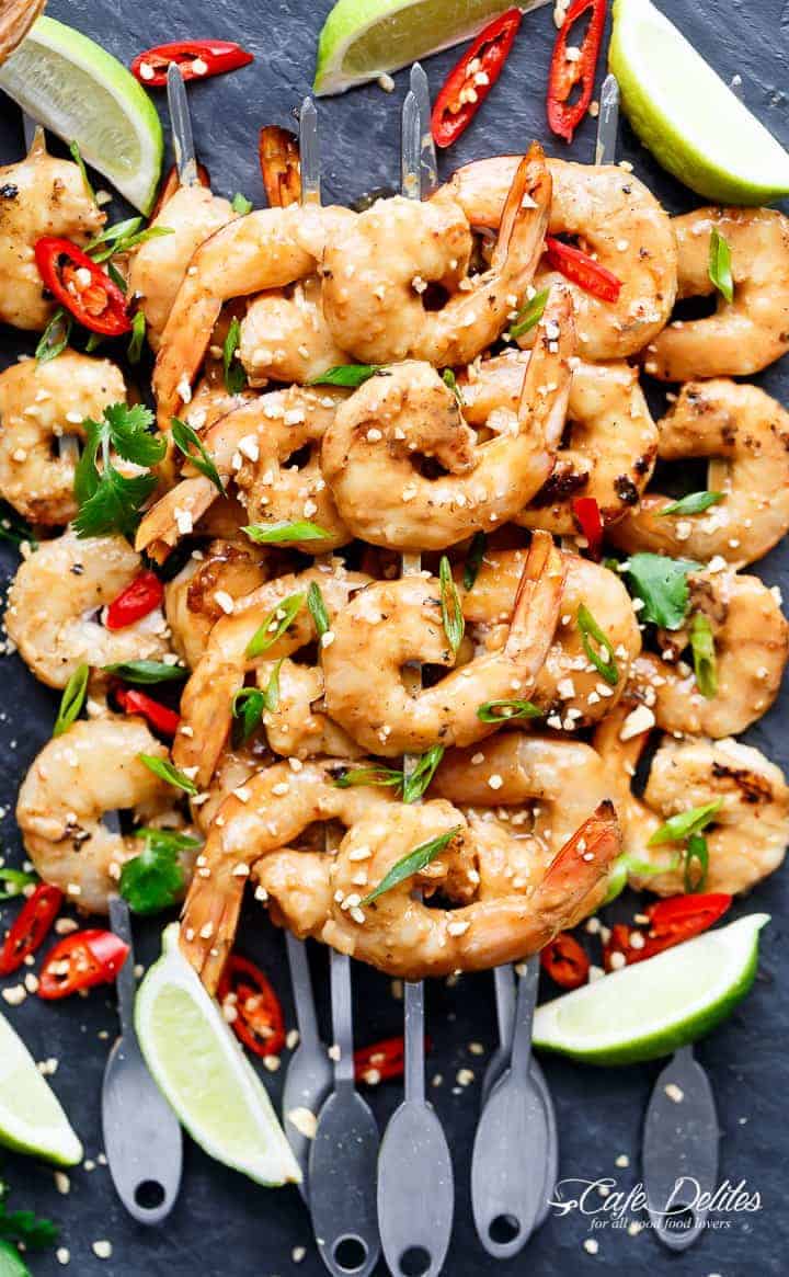 Satay Shrimp Skewers | https://cafedelites.com