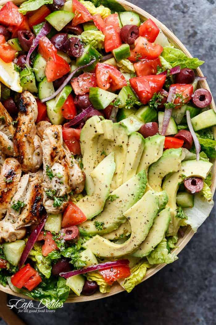 Grilled Lemon Herb Mediterranean Chicken Salad | https://cafedelites.com