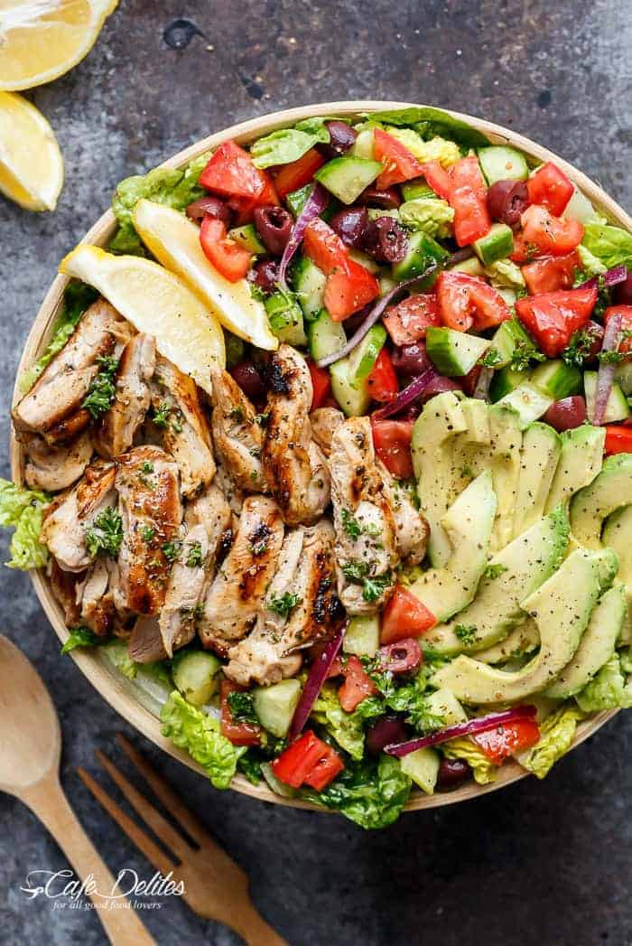 Grilled Lemon Herb Mediterranean Chicken Salad that is full of Mediterranean flavours with a dressing that doubles as a marinade! | https://cafedelites.com
