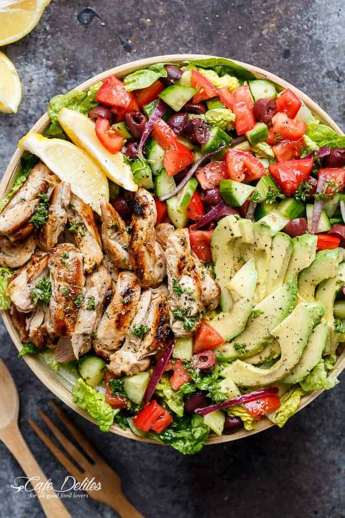 Grilled Lemon Herb Mediterranean Chicken Salad | http://cafedelites.com