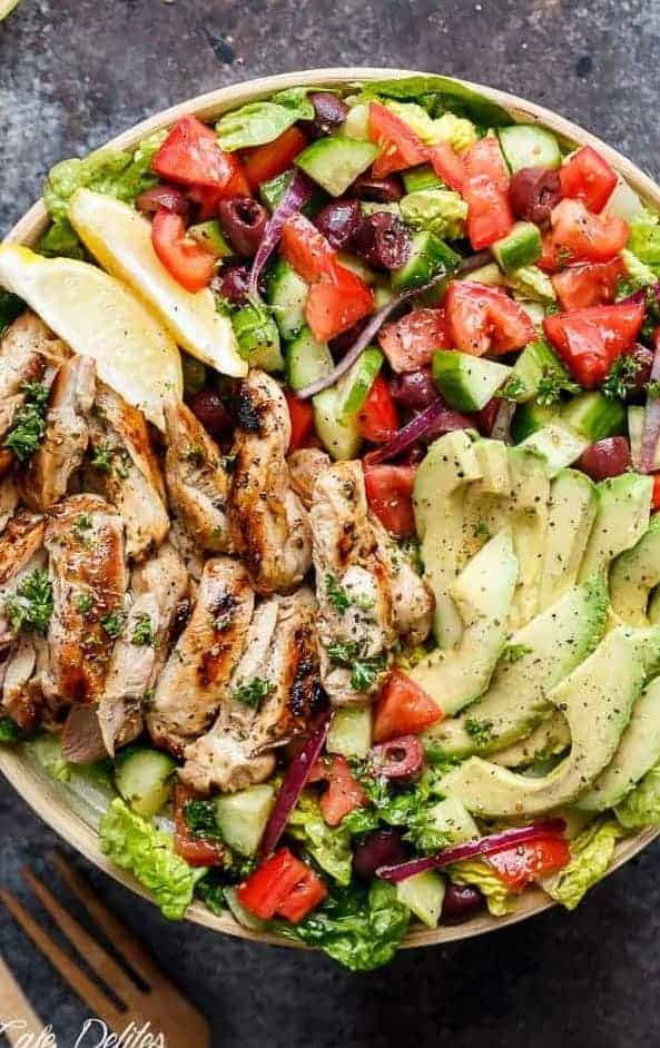 Grilled Lemon Herb Mediterranean Chicken Salad that is full of Mediterranean flavours with a dressing that doubles as a marinade! | https://cafedelites.com