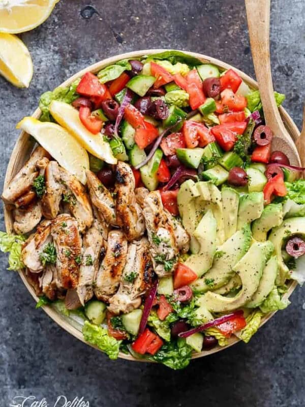 Grilled Lemon Herb Mediterranean Chicken Salad in a plater