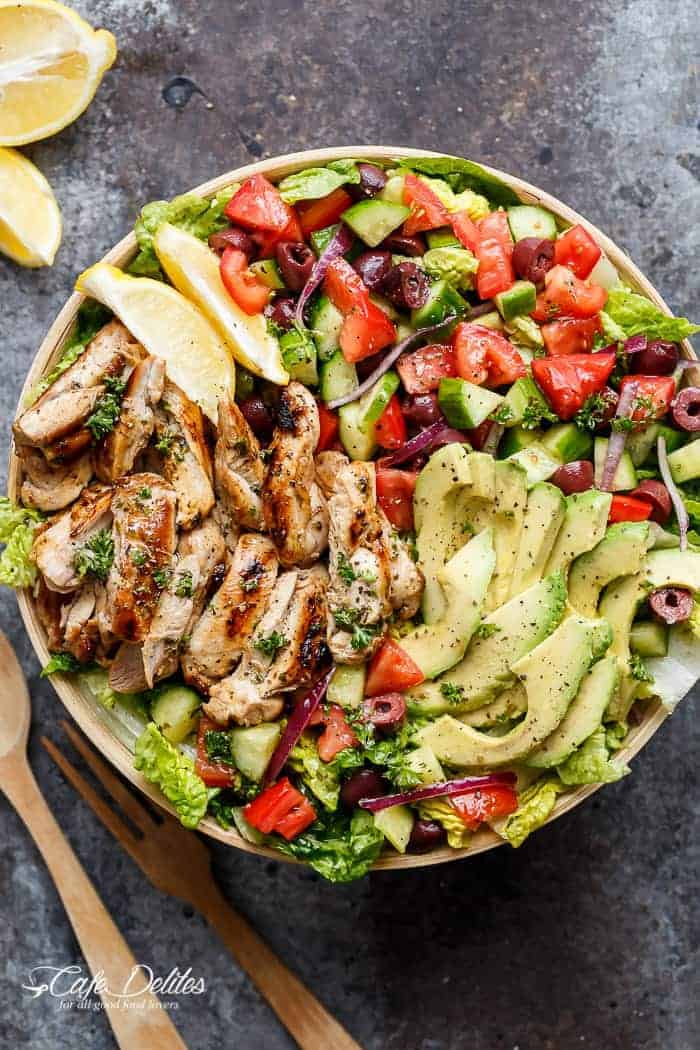 Grilled Lemon Herb Mediterranean Chicken Salad that is full of Mediterranean flavours with a dressing that doubles as a marinade! | https://cafedelites.com