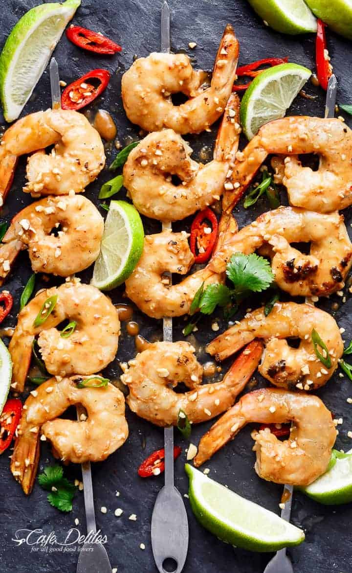 Satay Shrimp Skewers | https://cafedelites.com