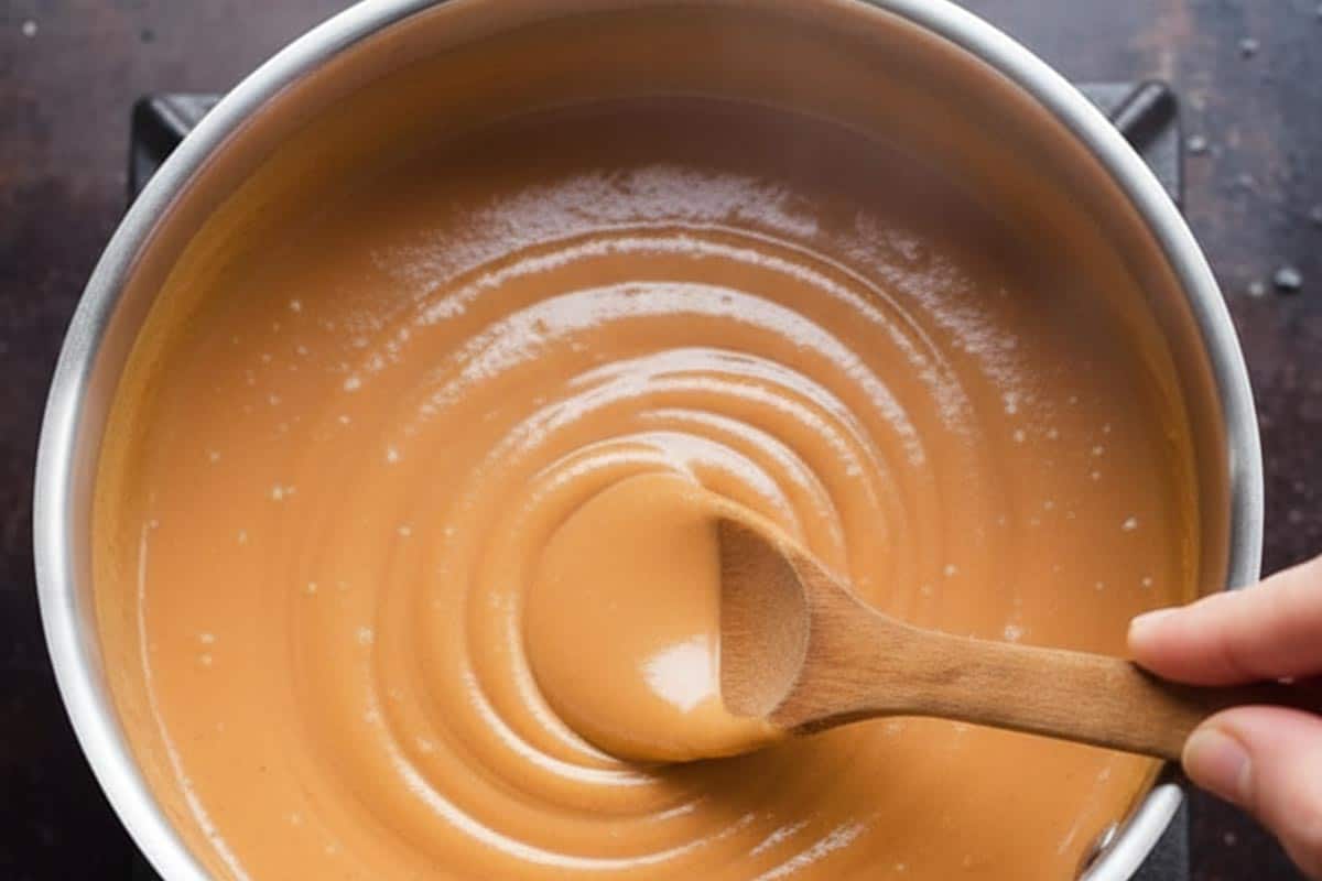 Cooking the easy satay dipping sauce.