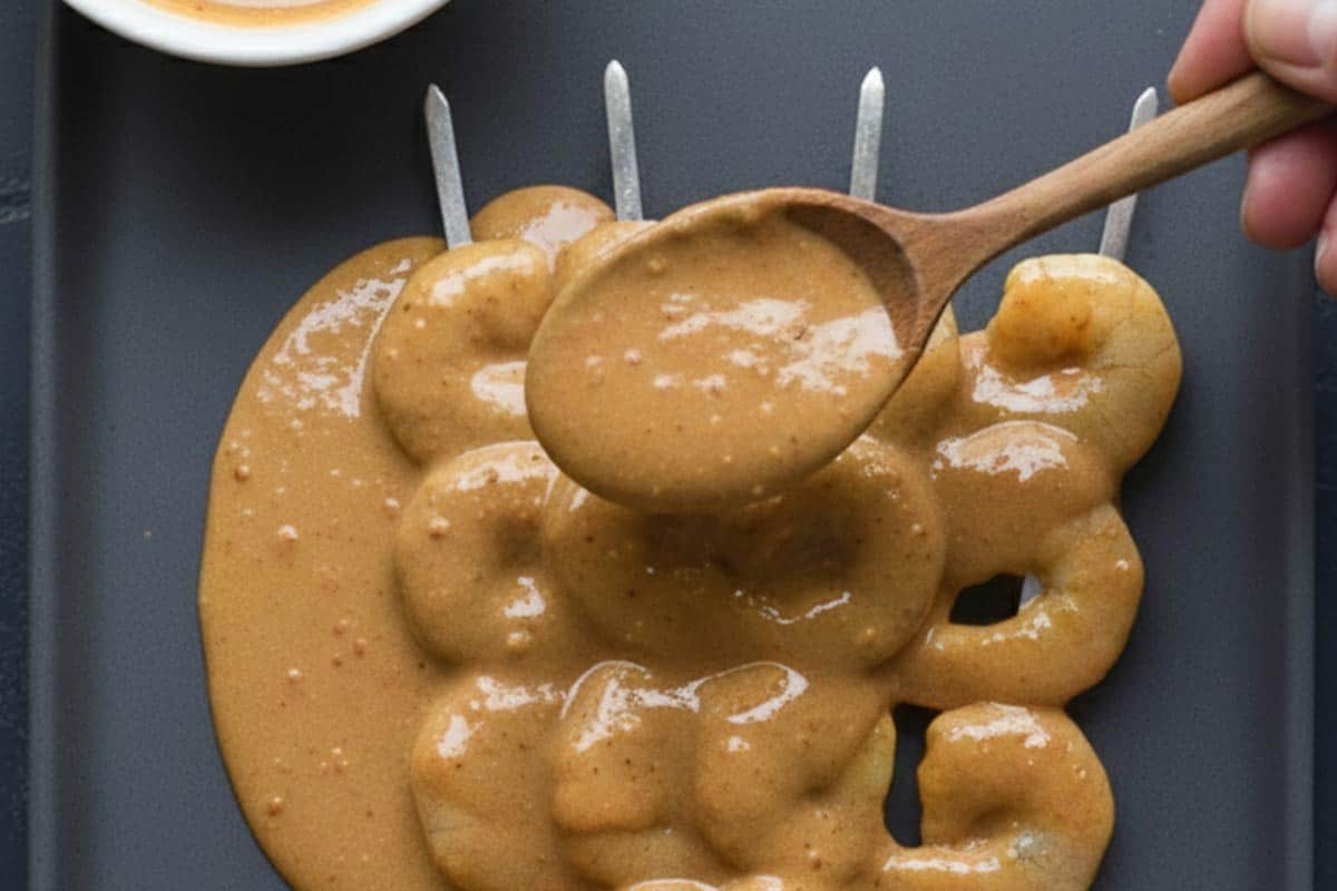 Pouring sauce over the shrimp.