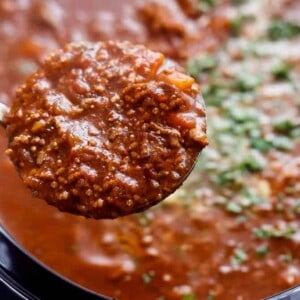 Slow Cooker Spaghetti Bolognese sauce in a spoon