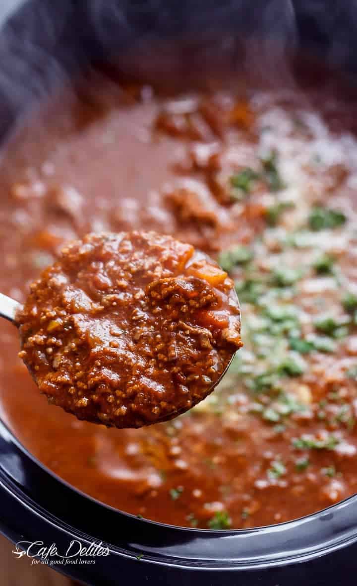 Easy to make rich and rustic Slow Cooker Bolognese Sauce, packed with so much flavour to coat your pasta (or vegetables) of choice! | https://cafedelites.com