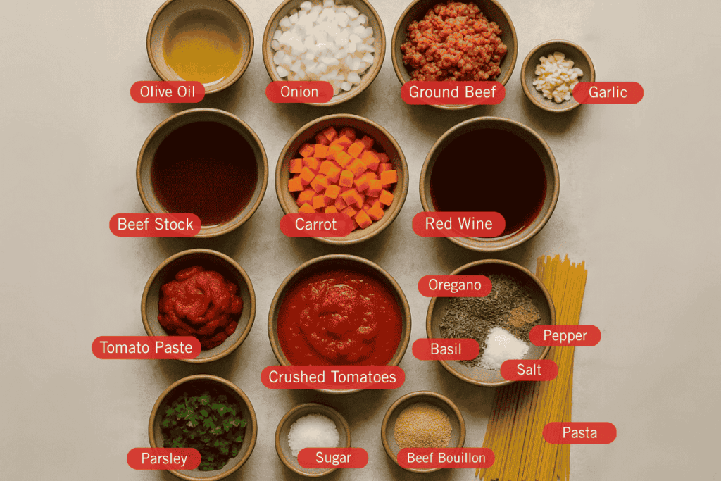 Overview photo of Slow Cooker Spaghetti Bolognese recipe ingredients including olive oil, onion, ground beef, garlic, beef stock, carrot, red wine, tomato paste, crushed tomatoes, oregano, basil, pepper, salt, parsley, sugar, beef bouillon, pasta