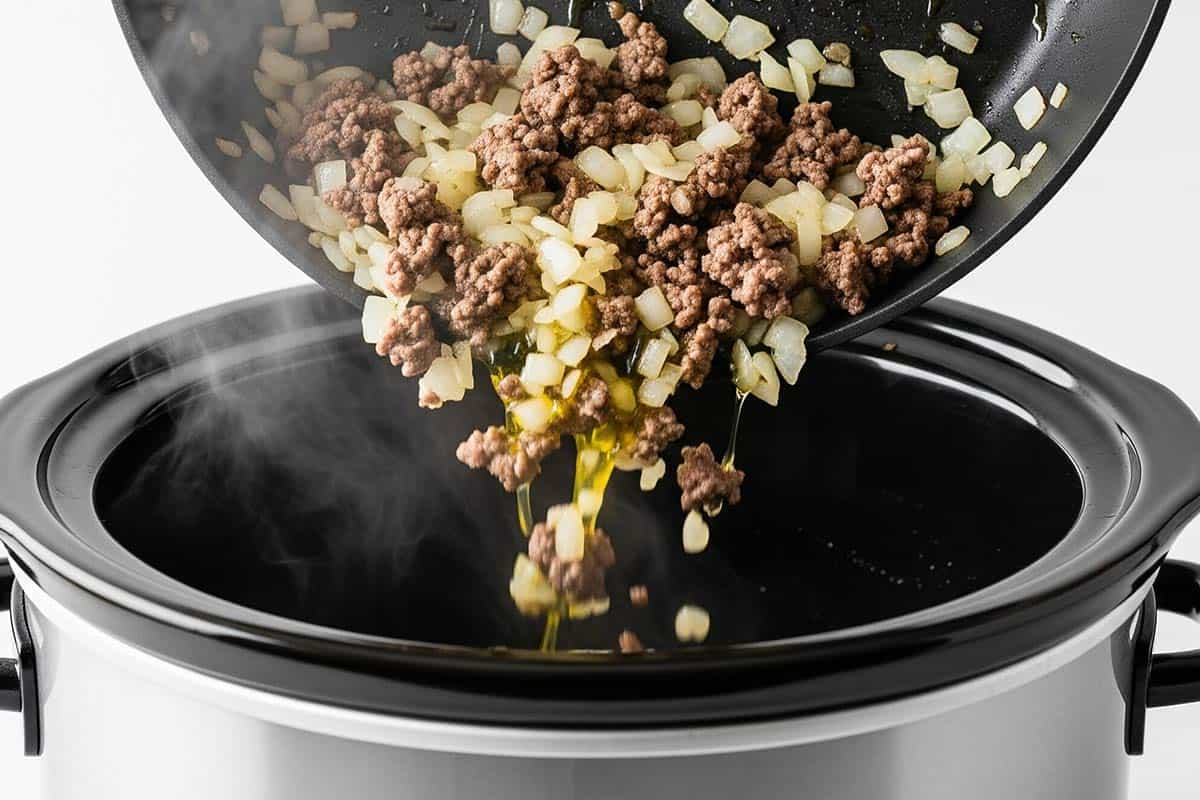 Ground beef, garlic, onions, and olive oil transferred to a slow cooker.
