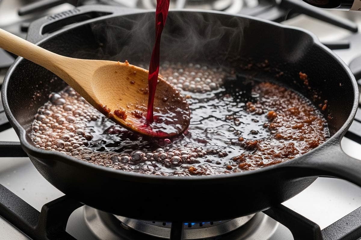 Wine being poured in the skillet.