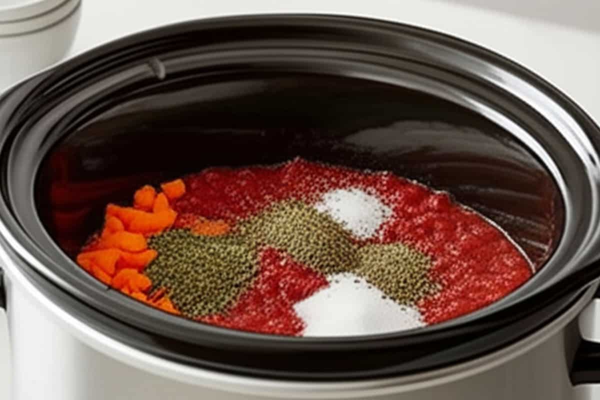 Crushed tomatoes, beef stock, tomato paste, carrot, stock powder, salt, oregano, basil, sugar, and pepper in the slow cooker.