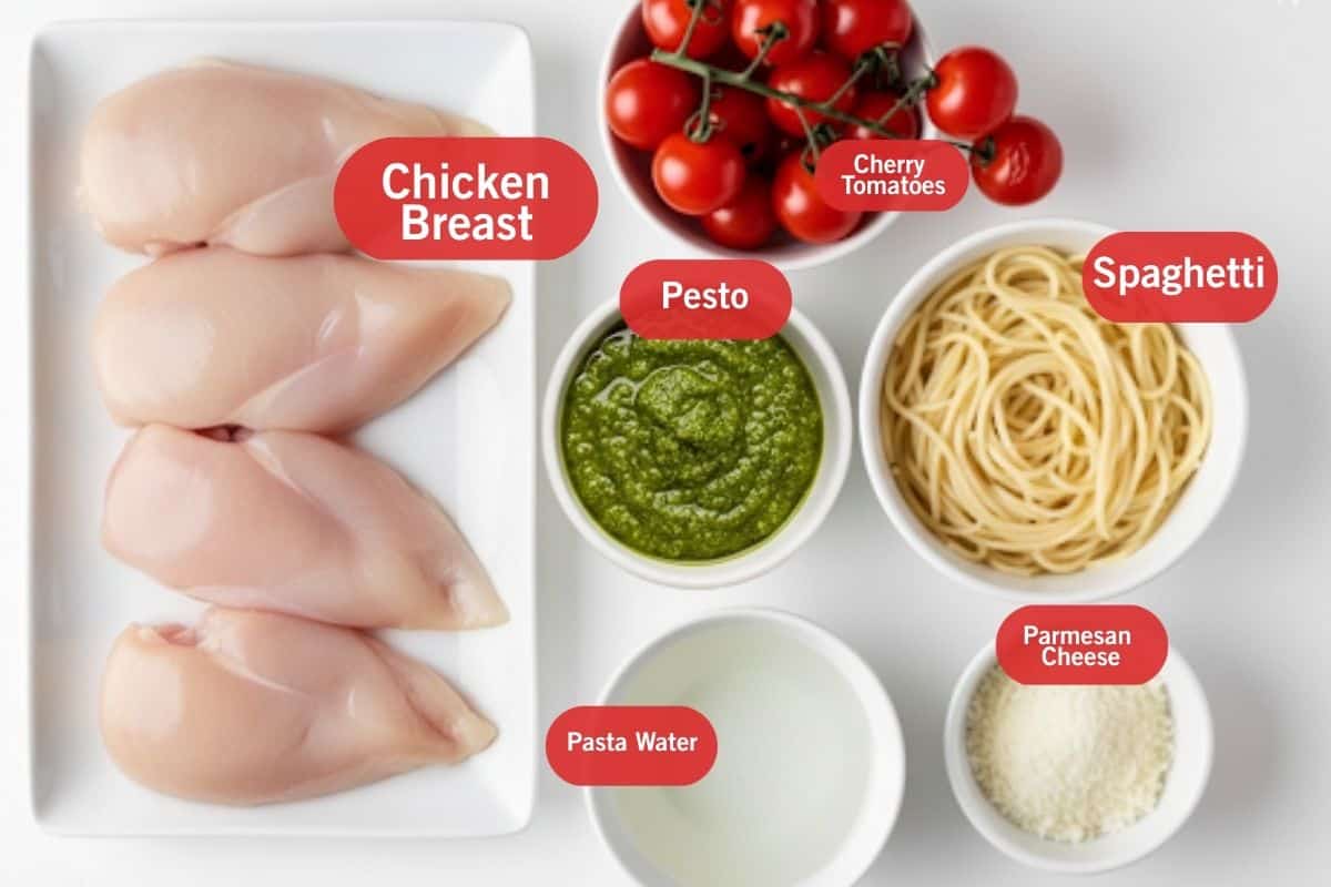 Flat lay photo of ingredient shot of grilled pesto chicken breast, cherry tomatoes, pesto, pasta water, spaghetti, parmesan cheese