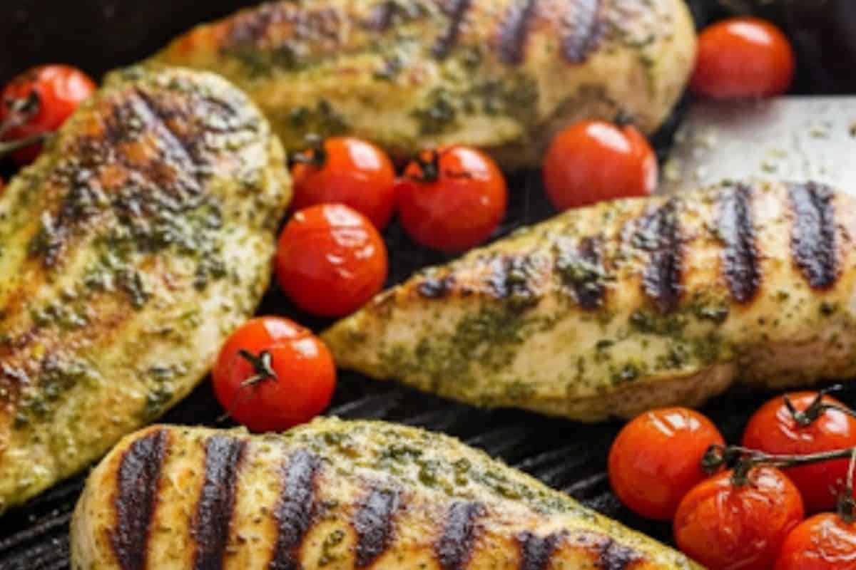 Cook the chicken and cherry tomatoes on top of the grill until lightly browned.