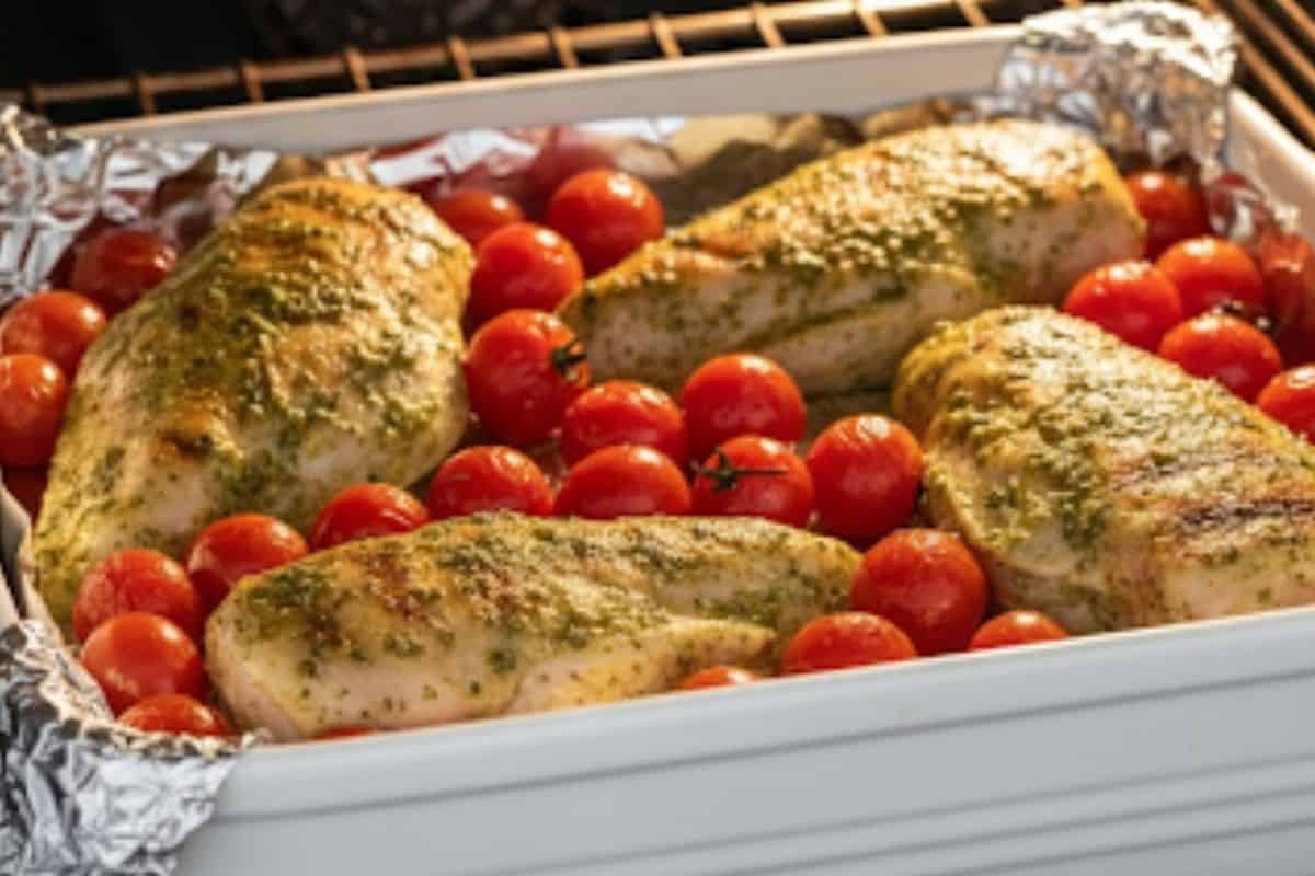 Place the chicken in a baking dish with foil and bake for 30 minutes. Then add the cherry tomatoes and bake another 20 minutes.
