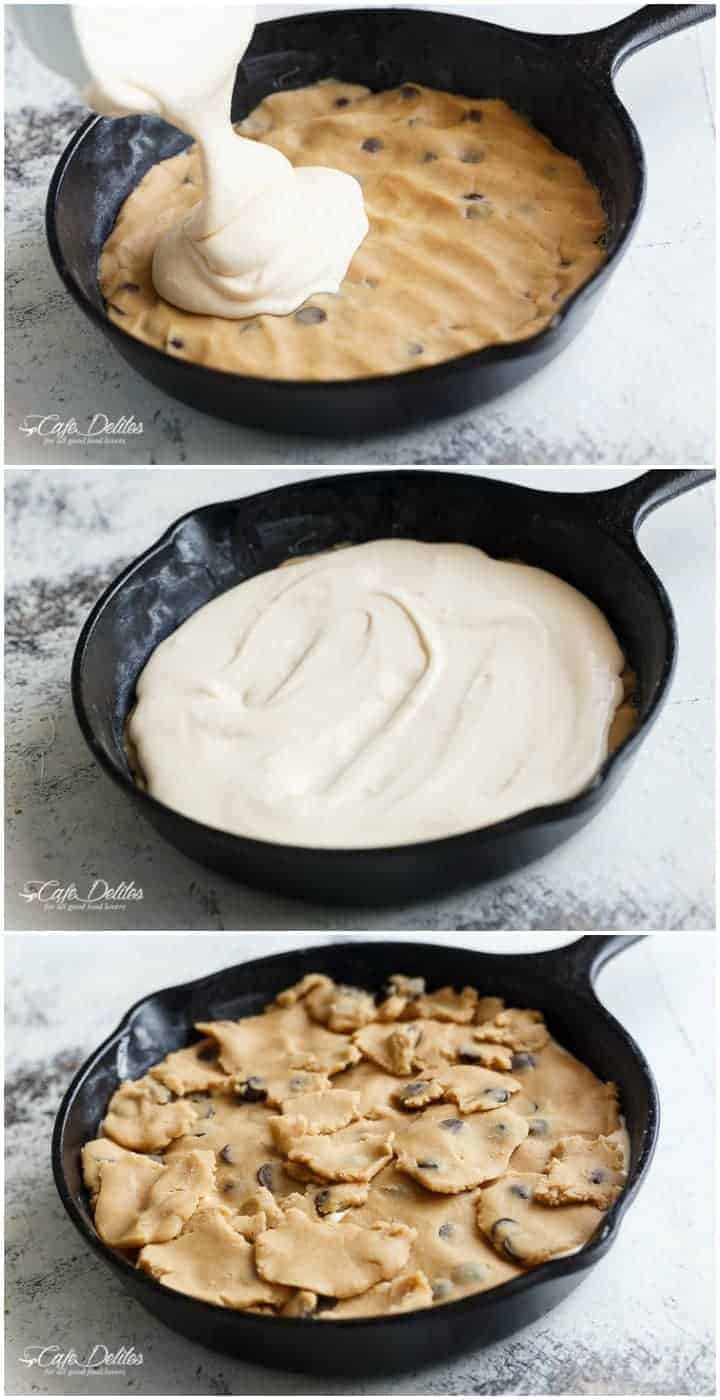 Cheesecake Stuffed Chocolate Chip Skillet Cookie | https://cafedelites.com