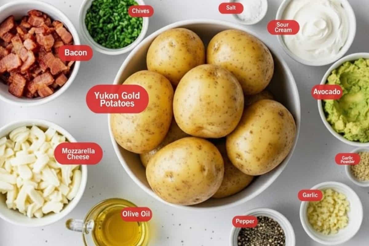 Flat lay photo of ingredient shot of bacon, chives, salt, sour cream, avocado, garlic powder, garlic, pepper, olive oil, mozzarella cheese, Yukon Gold potatoes.