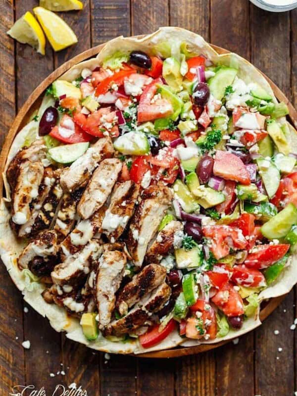 Top view image of Chicken Shawarma Salad on a plater
