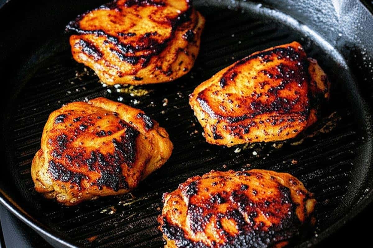 cooking the marinated chicken in a skillet.