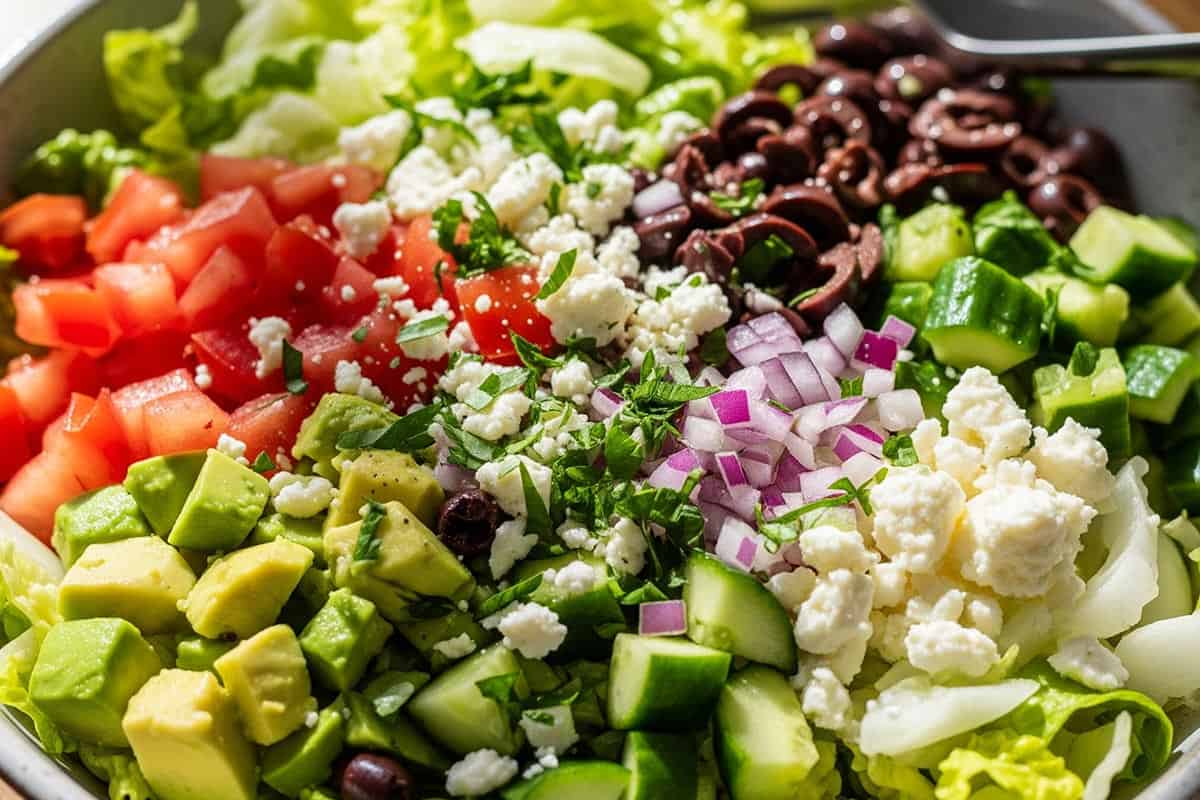 Lettuce, tomatoes, avocado, cucumber, red onion, olives, crumbled feta, and chopped parsley in a bowl.