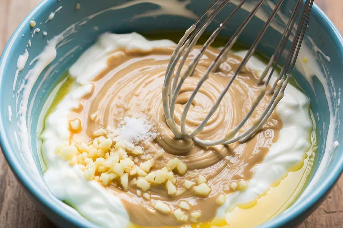 Greek yogurt, tahini, minced garlic, lemon juice, and a pinch of salt whisked together in a small bowl.