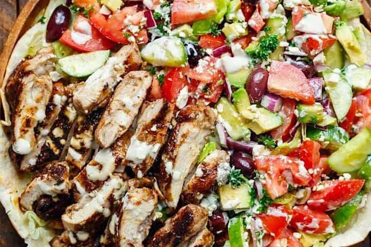 Close-up shot of Chicken Shawarma Salad.