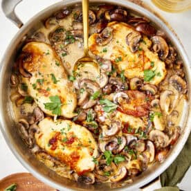 Juicy golden-brown chicken breasts in a skillet with a rich creamy champagne mushroom sauce, topped with fresh parsley.