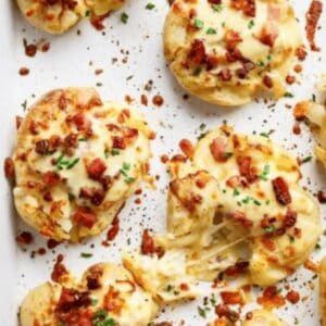 close up of Loaded Mozzarella Bacon Smashed Potatoes