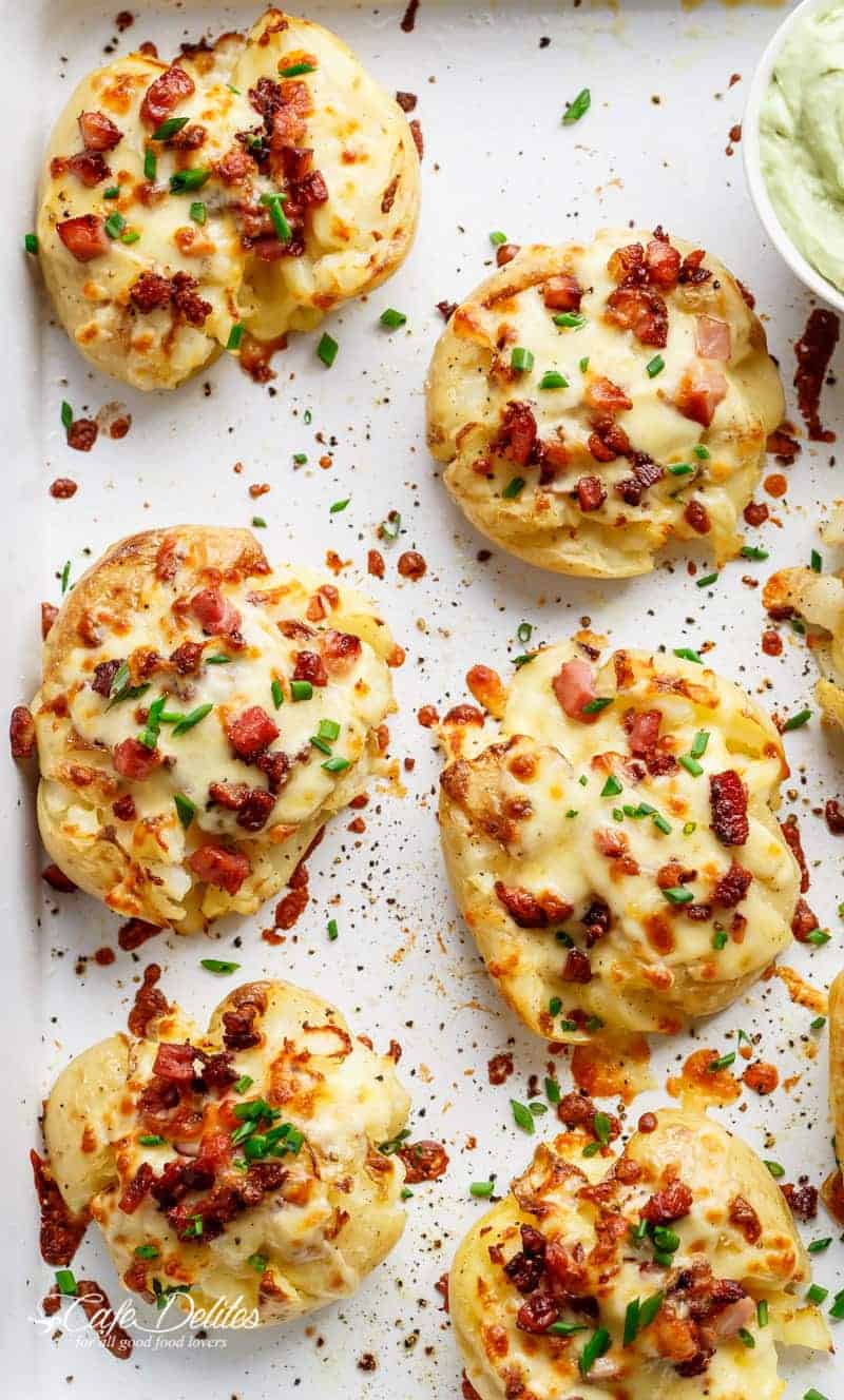 Cheesy Bacon Smashed Potatoes | https://cafedelites.com