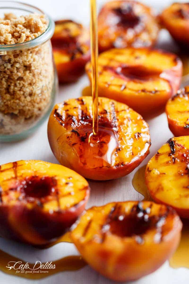 Maple Grilled Peaches With An Almond Cookie Crumb | https://cafedelites.com