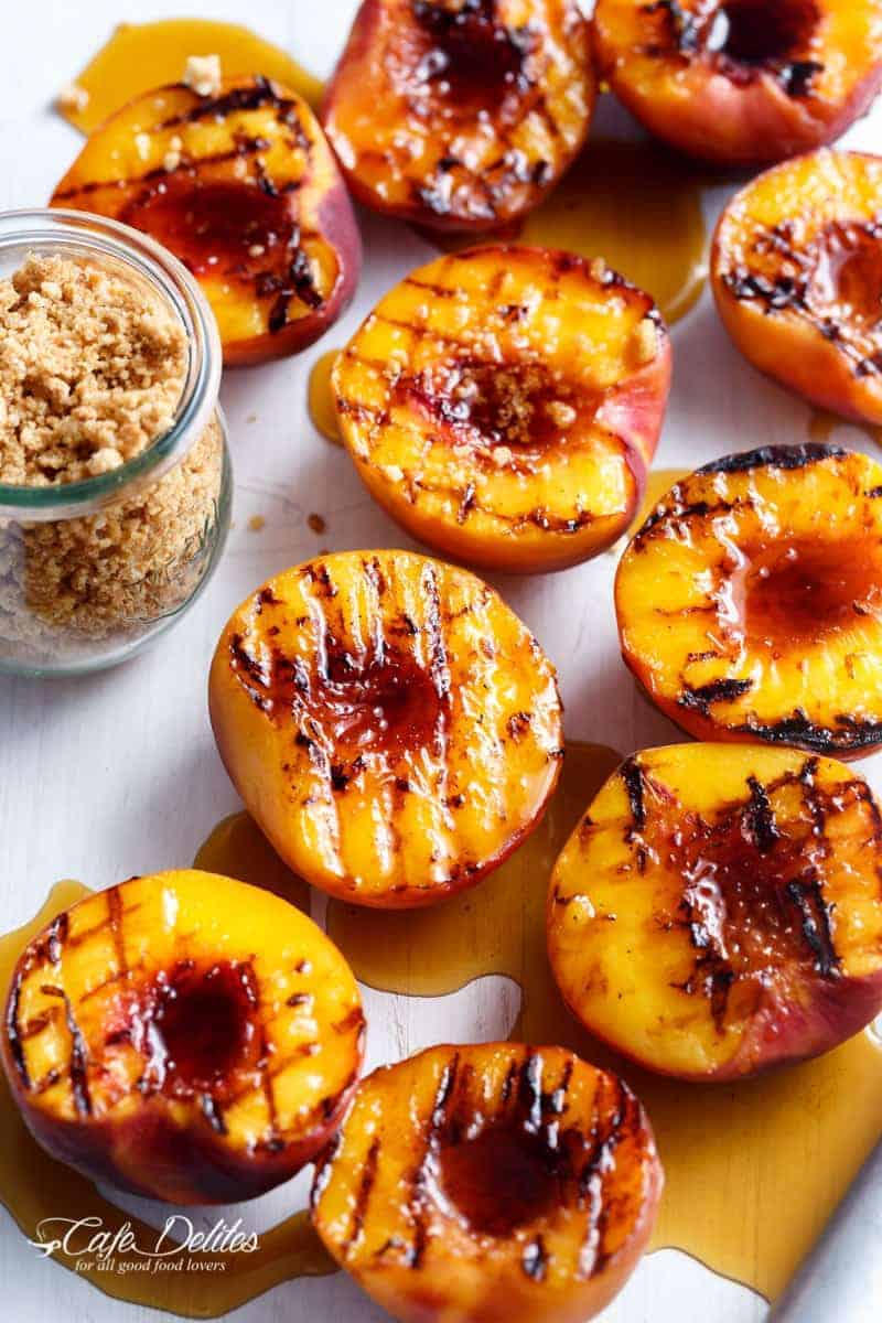 Maple Grilled Peaches With An Almond Cookie Crumb | https://cafedelites.com