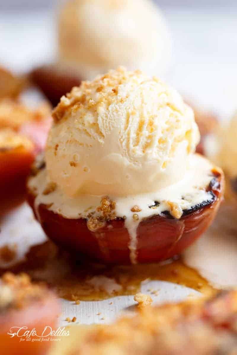 Maple Grilled Peaches With An Almond Cookie Crumb | https://cafedelites.com