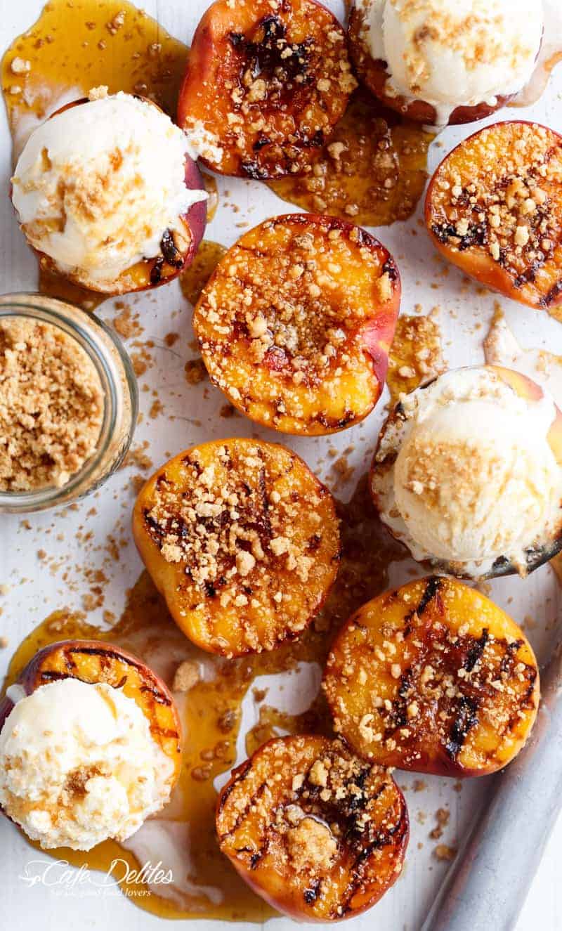Maple Grilled Peaches With An Almond Cookie Crumb | https://cafedelites.com