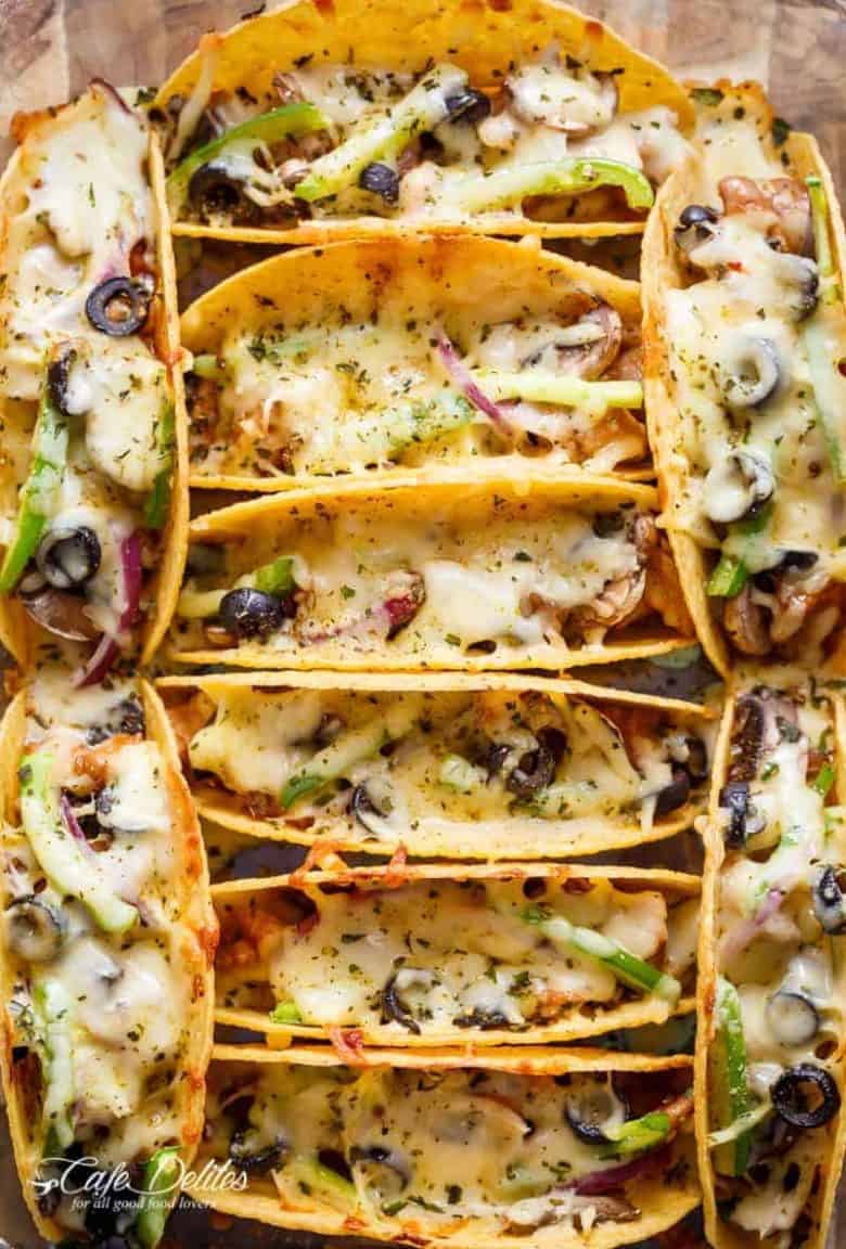 Easy Oven Baked Barbecue Chicken Pizza Tacos are full of pizza flavours, stuffed inside a crispy taco shell, to give you the BEST of both worlds | https://cafedelites.com