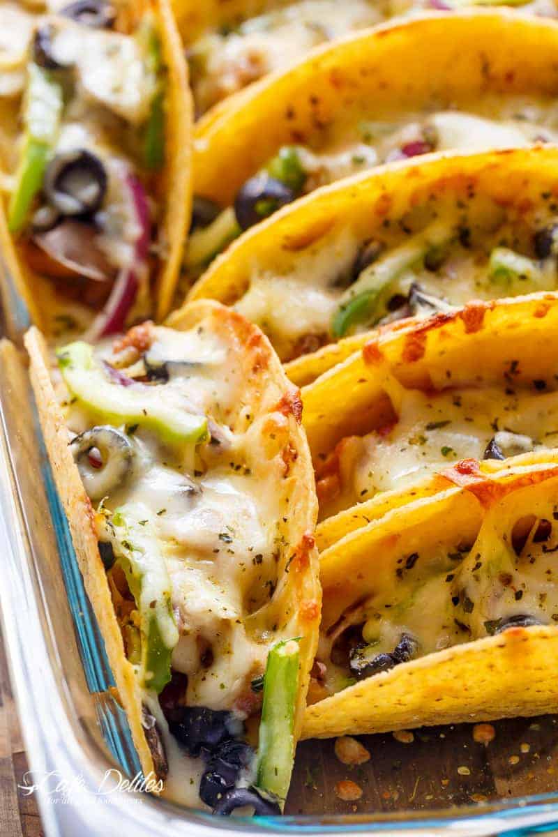 Easy Oven Baked Barbecue Chicken Pizza Tacos are full of pizza flavours, stuffed inside a crispy taco shell, to give you the BEST of both worlds | https://cafedelites.com