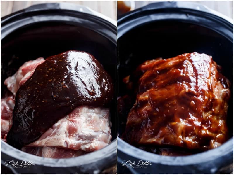 Two images. The first features uncooked ribs in a slow cooker bowl with thick BBQ sauce poured over the meat. The second shows the ribs completely glazed in BBQ sauce in the same slow cooker pot. 